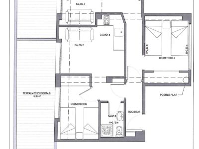 Plano arquitectónico detallado que presenta dos diseños de apartamento (A y B). Cada unidad incluye un dormitorio, salón, cocina, baño y terraza descubierta con sus dimensiones.