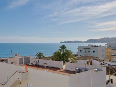 Vista panorámica al mar Mediterráneo con la costa de Jávea en el horizonte, tejados de arquitectura local y palmeras bajo un cielo despejado.