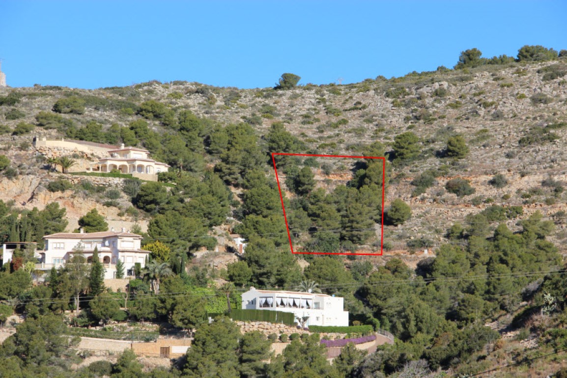 Parcela elevada en la zona de La Corona, Jávea, rodeada de pinos y vegetación autóctona, con terreno inclinado ideal para un proyecto arquitectónico moderno.