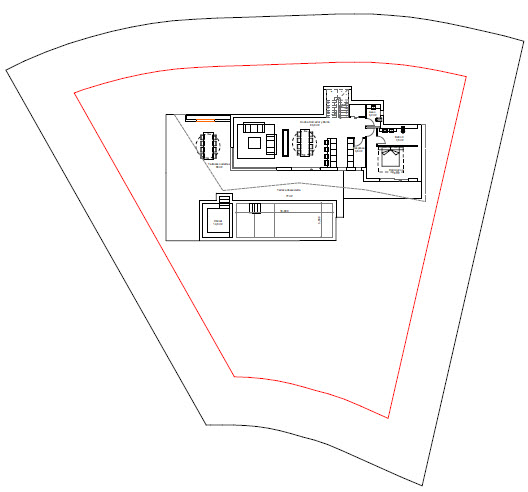 Plano arquitectónico de la villa que muestra la distribución interior y exterior.