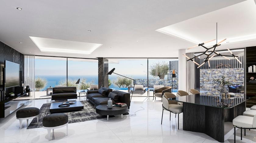 Espacioso salón-comedor con ventanales panorámicos y decoración moderna en tonos neutros. Espacioso salón-comedor con ventanales panorámicos y decoración moderna en tonos neutros.