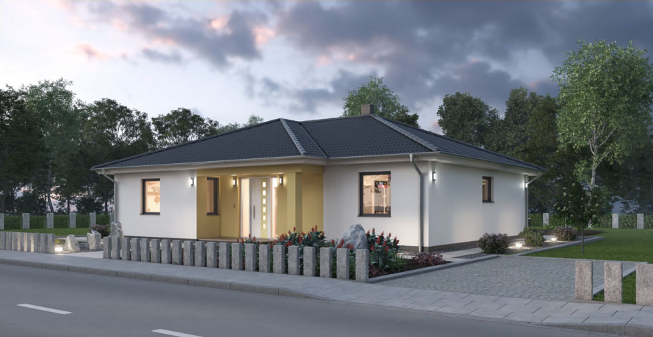Fachada de villa moderna con jardín de bajo mantenimiento y valla de piedra.