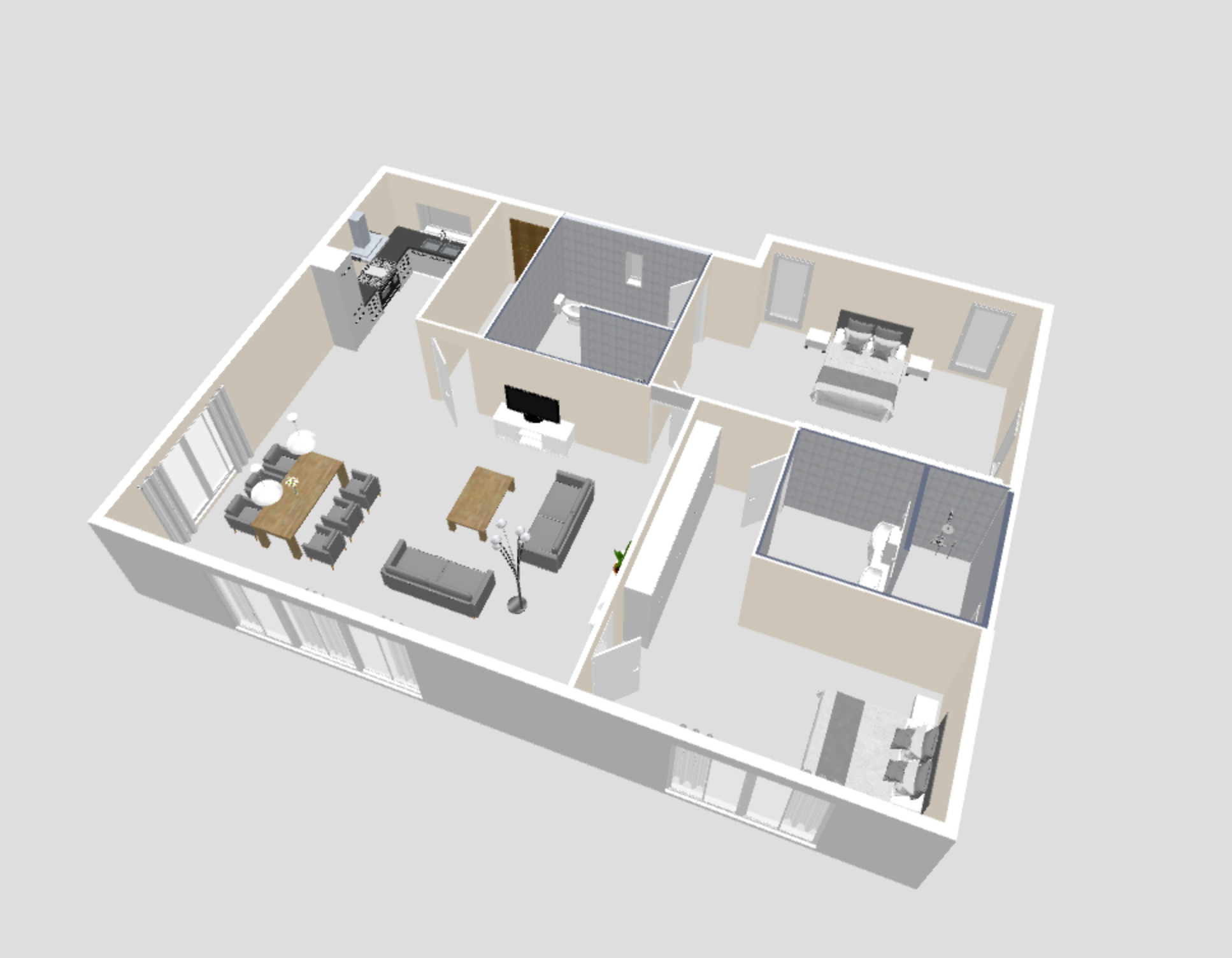 Plano de planta que muestra la distribución de la sala de estar, el comedor, la cocina, los dormitorios y los baños.