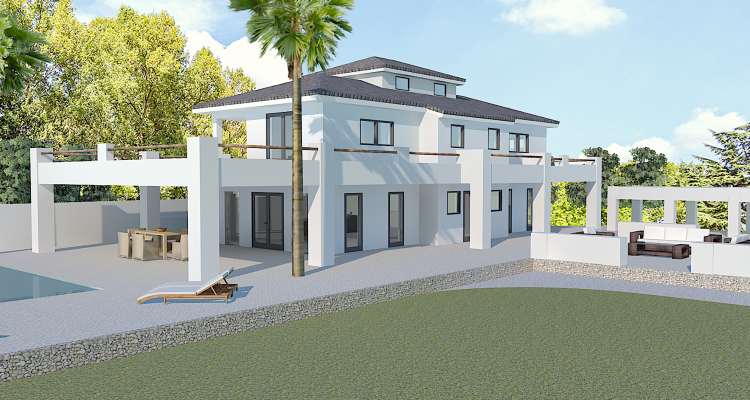 Vista exterior de la villa con piscina, terraza cubierta y jardín con césped. Vista exterior de la villa con piscina, terraza cubierta y jardín con césped.