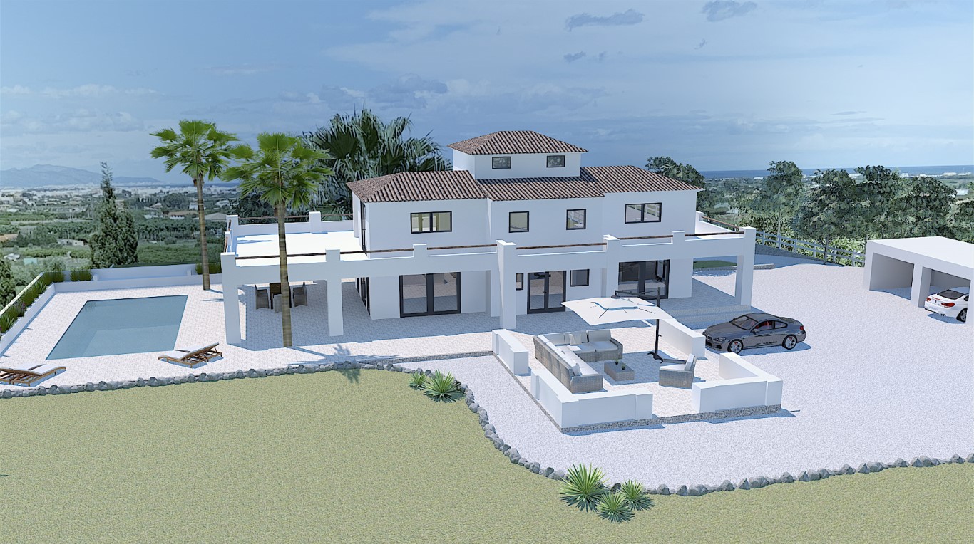 Vista exterior de la villa con piscina, zona de estar y garaje. Diseño moderno con palmeras y jardines. Vista exterior de la villa con piscina, zona de estar y garaje. Diseño moderno con palmeras y jardines.