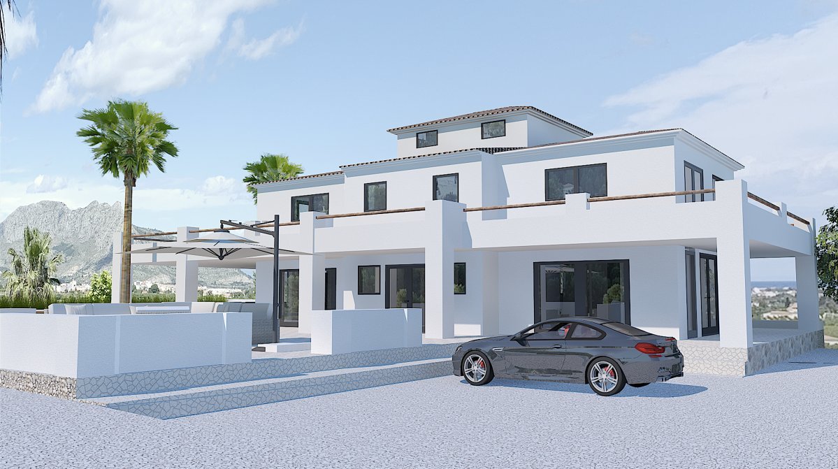 Vista exterior de la villa moderna con terraza, piscina y coche deportivo en Pedreguer. Vista exterior de la villa moderna con terraza, piscina y coche deportivo en Pedreguer.