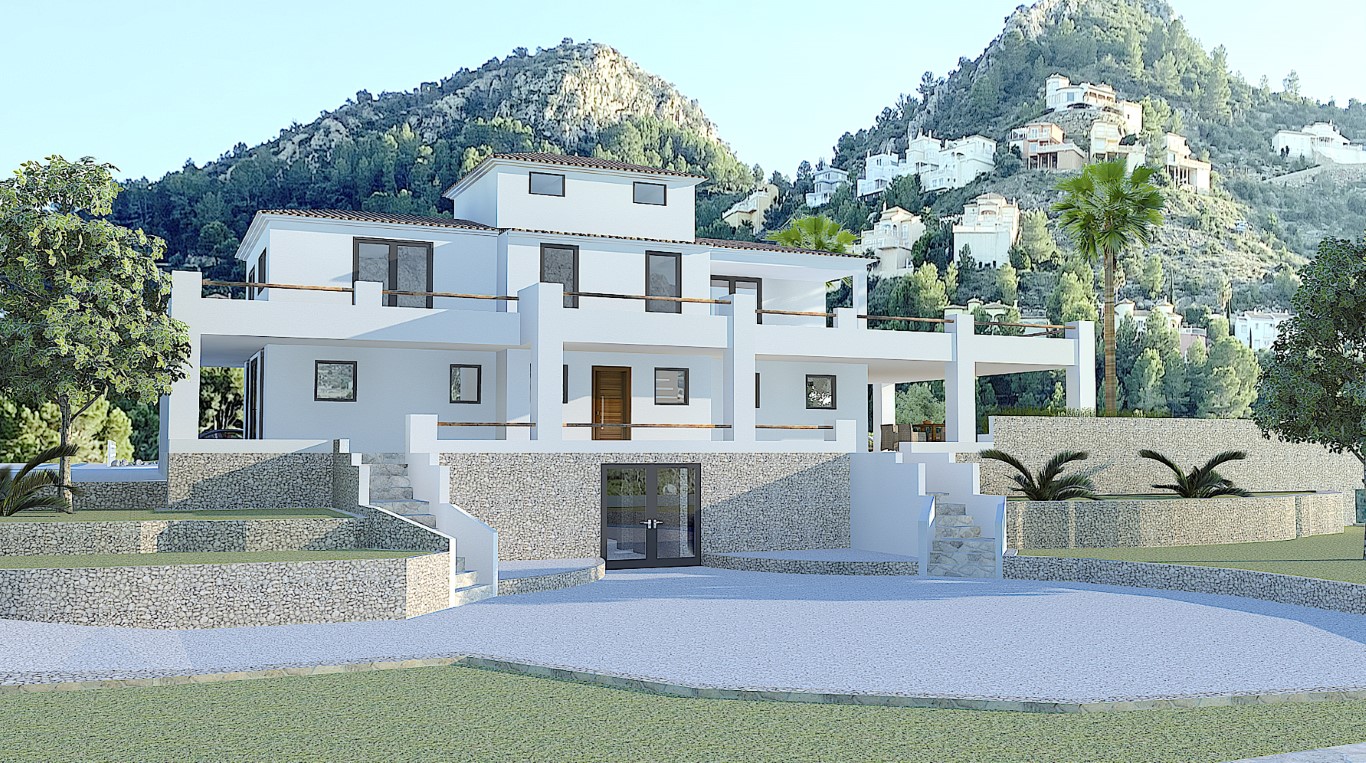 Vista frontal de la villa de tres niveles con fachada blanca y detalles de piedra natural, rodeada de jardines y vegetación. Vista frontal de la villa de tres niveles con fachada blanca y detalles de piedra natural, rodeada de jardines y vegetación.