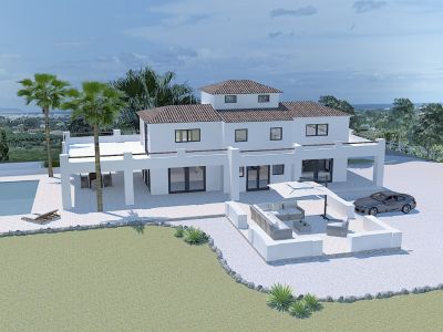 Vista exterior de la villa con piscina, zona de estar y garaje. Diseño moderno con palmeras y jardines.