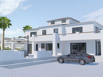 Vista exterior de la villa moderna con terraza, piscina y coche deportivo en Pedreguer.