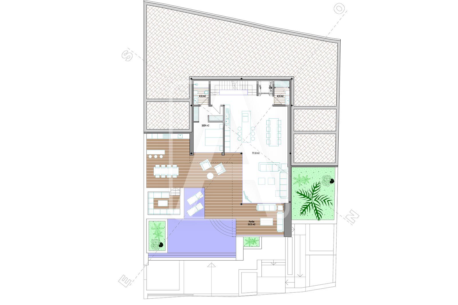 Plano arquitectónico de la planta baja, mostrando la distribución interior y exterior de la villa.