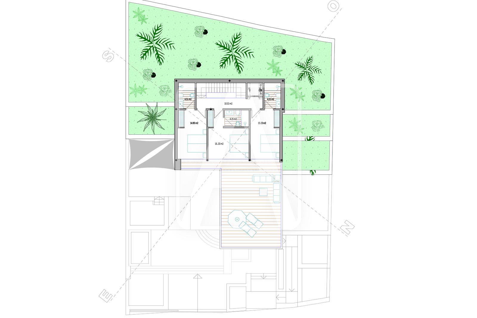 Plano arquitectónico de la planta superior con terraza ajardinada y distribución de habitaciones.