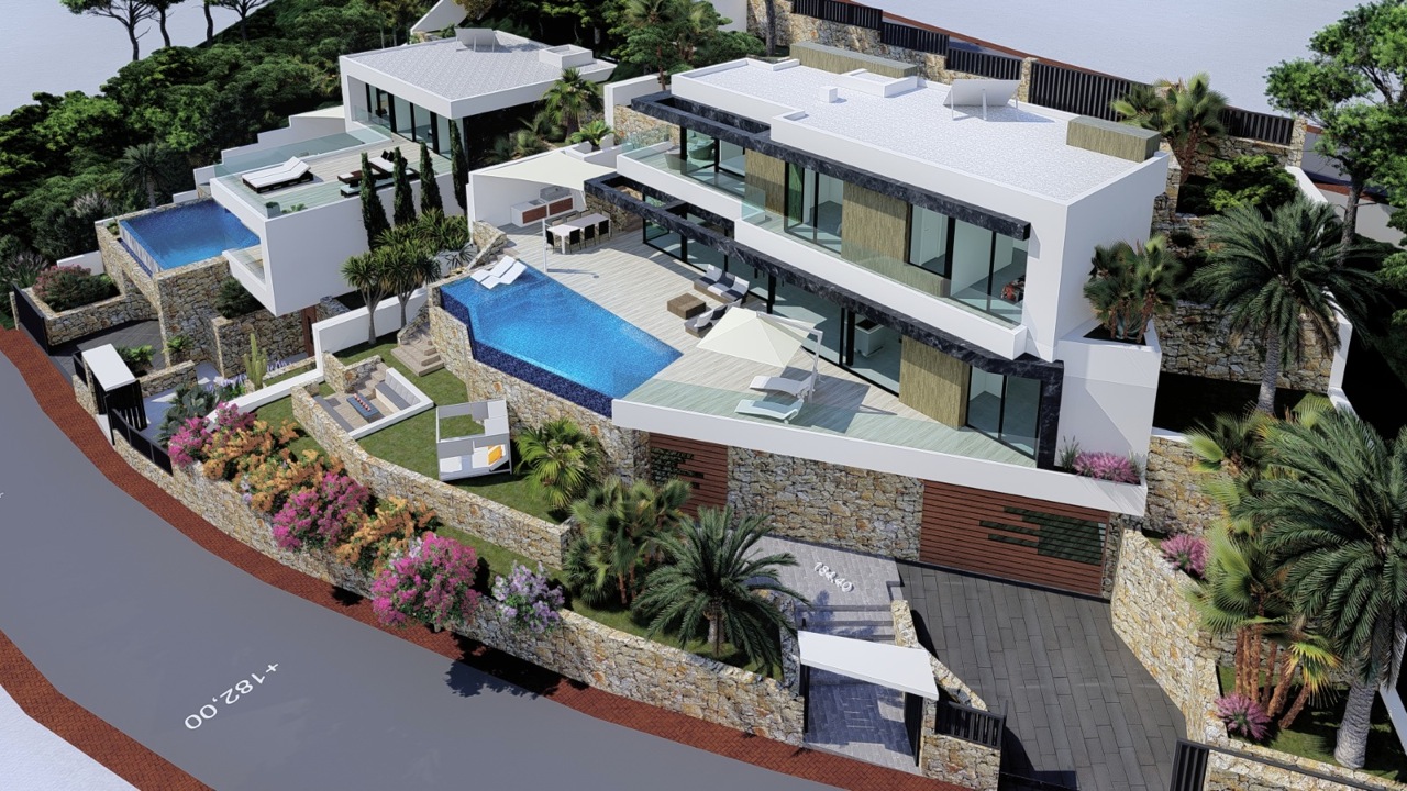 Vista aérea de villa moderna con piscina infinita y fachada de piedra natural.
