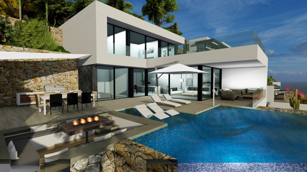 Vista de la terraza con piscina infinita, zona de barbacoa y comedor exterior con mesa de fuego.