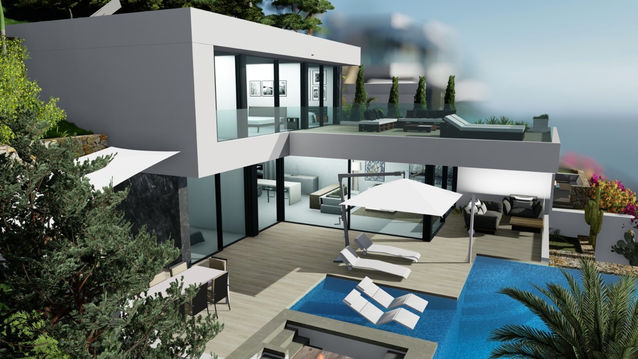 Vista de la villa con piscina, tumbonas y terraza superior con mobiliario exterior.