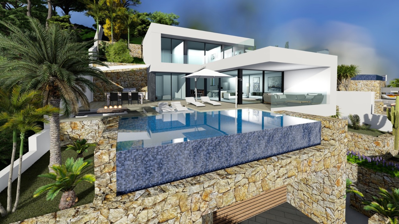 Vista exterior de la villa con piscina infinita revestida en mosaico y zona de estar al aire libre.