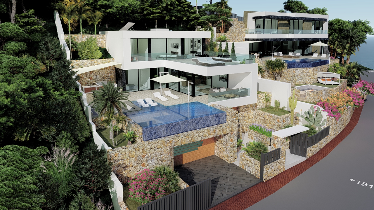 Vista exterior de la villa con piscina infinita y terrazas escalonadas con vistas al mar.