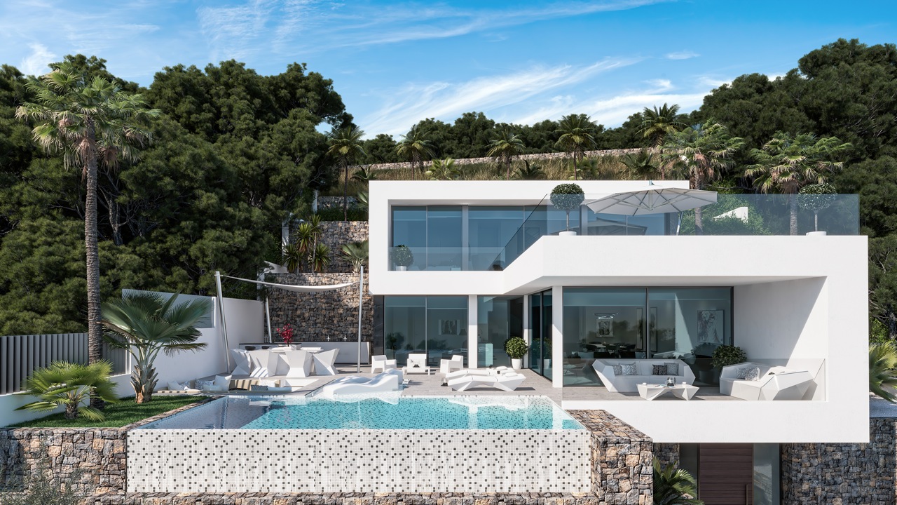 Vista exterior de la villa con piscina infinita y zona de estar al aire libre, rodeada de vegetación.