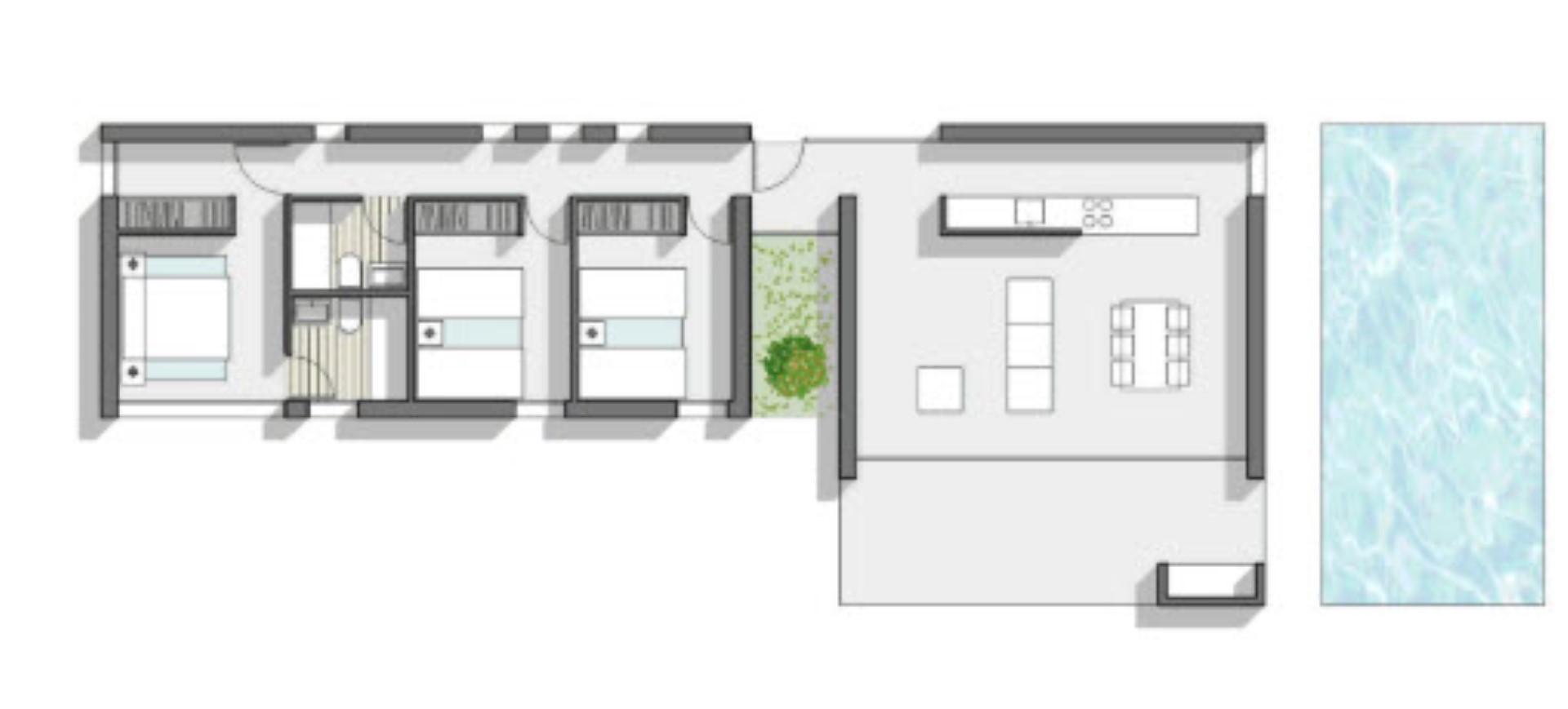 Plano de planta de villa moderna con piscina, que muestra la distribución y el diseño.