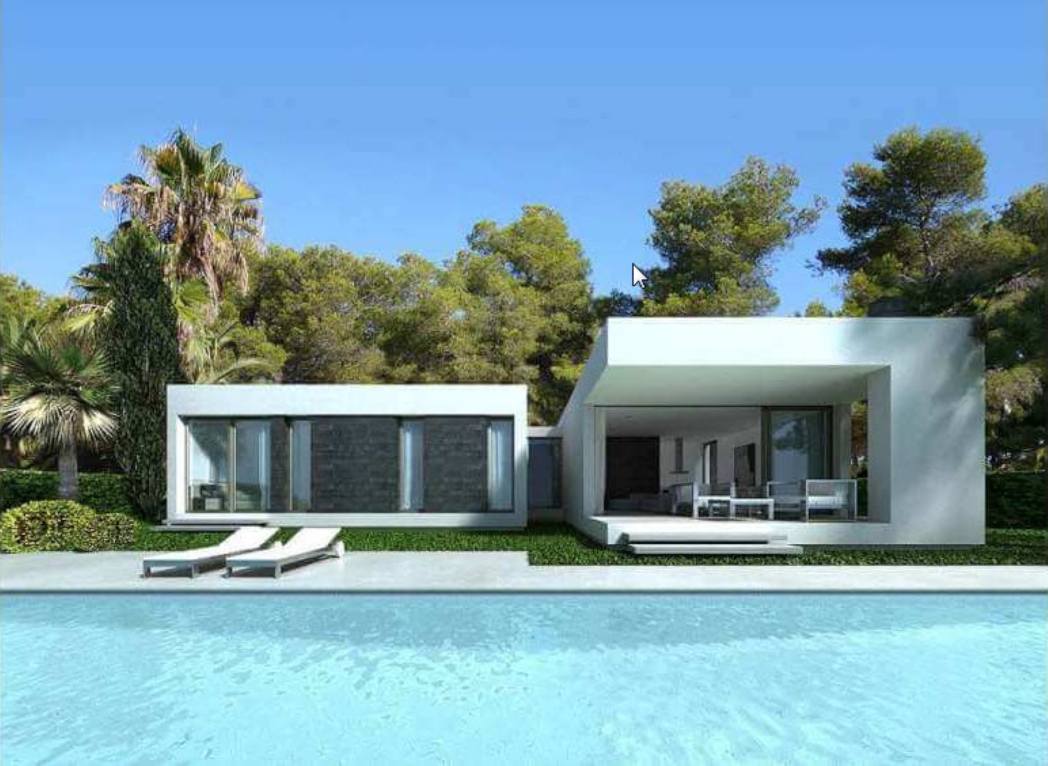 Vista exterior de la villa con piscina, tumbonas y terraza cubierta con mobiliario.