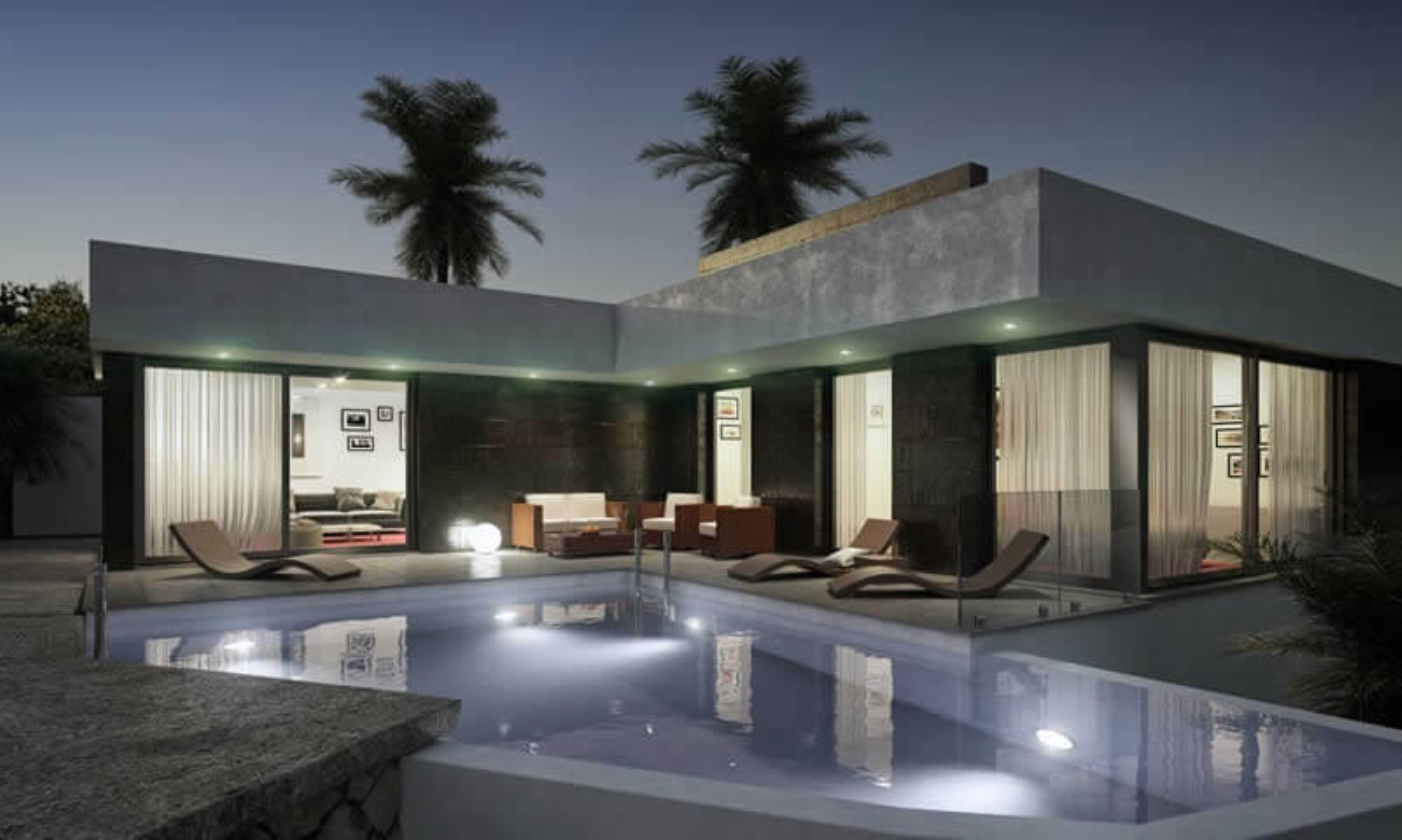 Vista nocturna de la piscina con iluminación ambiental y acceso directo a la terraza amueblada.