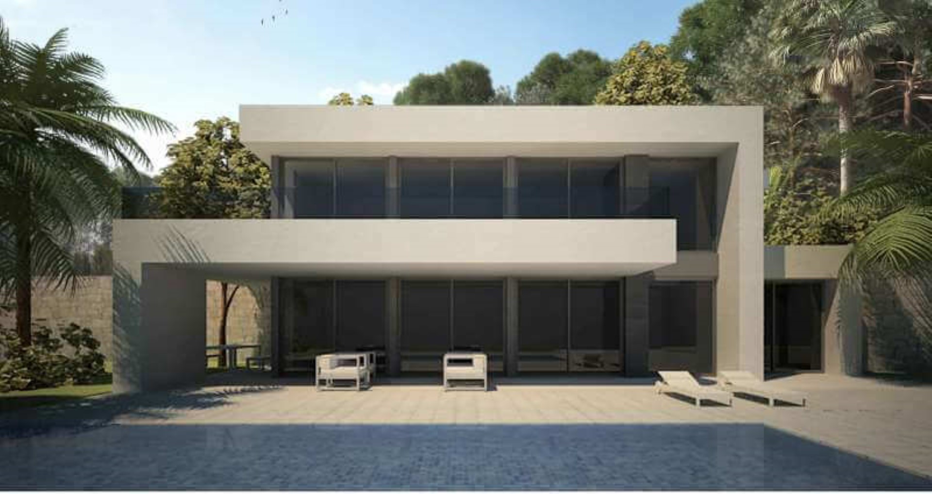 Fachada moderna de líneas rectas con grandes ventanales, terraza pavimentada junto a la piscina y vegetación mediterránea perimetral con palmeras.
