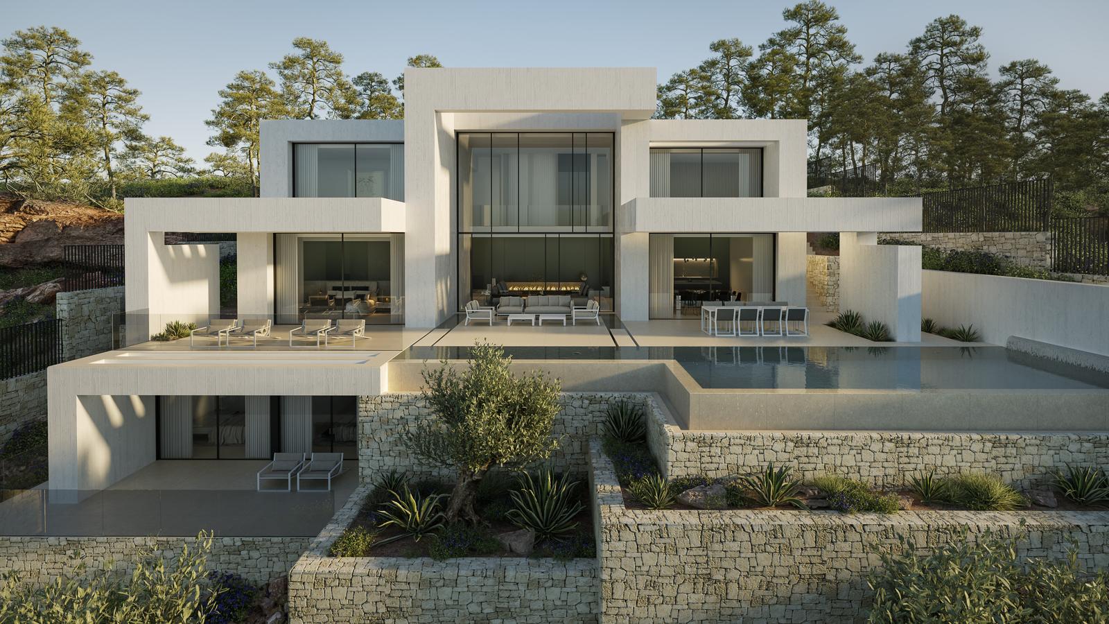 Fachada moderna de tres niveles con líneas geométricas, piscina infinita y terrazas integradas en muros de piedra natural rodeados de pinos mediterráneos.