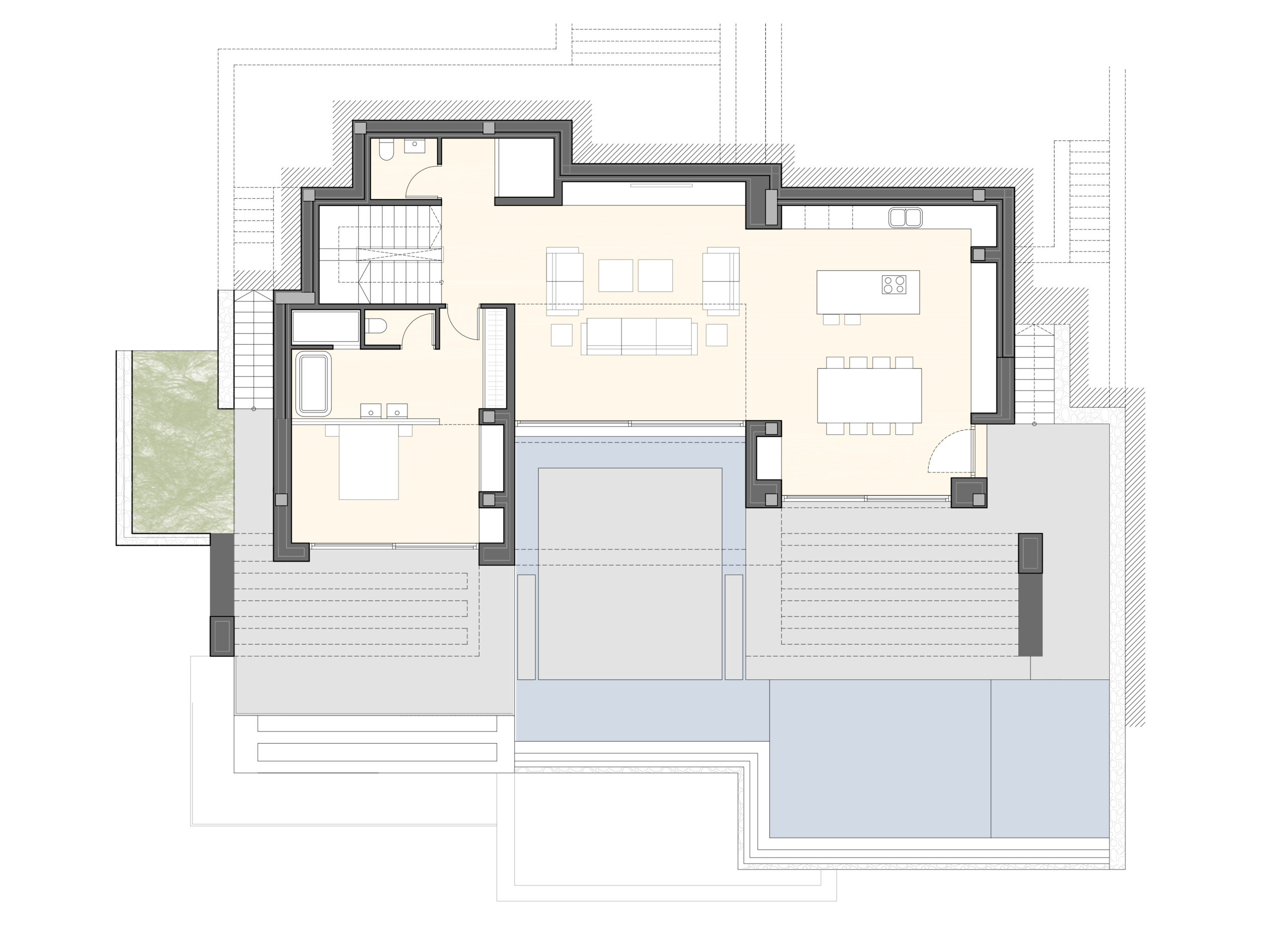 Plano detallado de la planta baja que muestra el salón de concepto abierto, cocina con isla, dormitorio principal con baño en suite y amplia terraza con piscina.