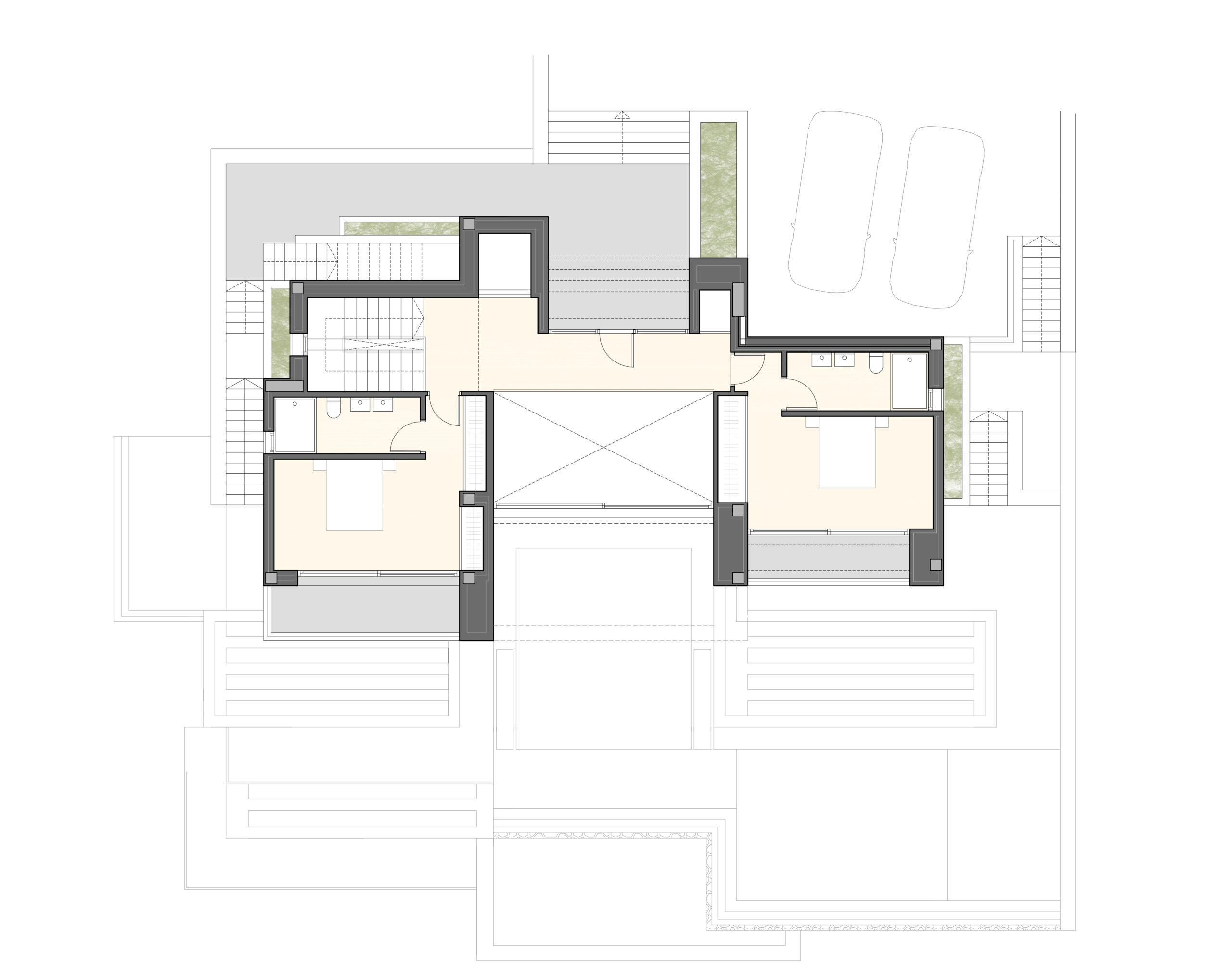 Plano técnico de la primera planta que muestra dos dormitorios con baños en suite, vestíbulo de entrada, ascensor y zona de aparcamiento exterior.