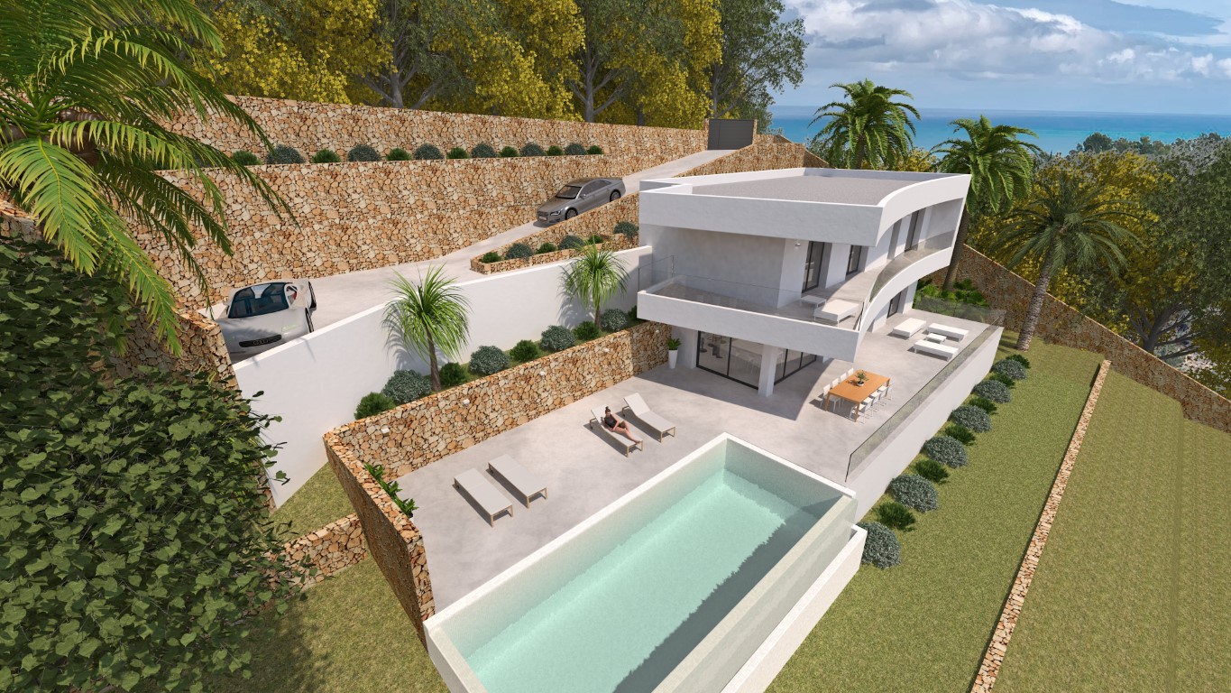 Vista aérea de la villa moderna con piscina infinita, amplias terrazas y muros de piedra natural, integrada en una parcela aterrazada con vistas al mar.