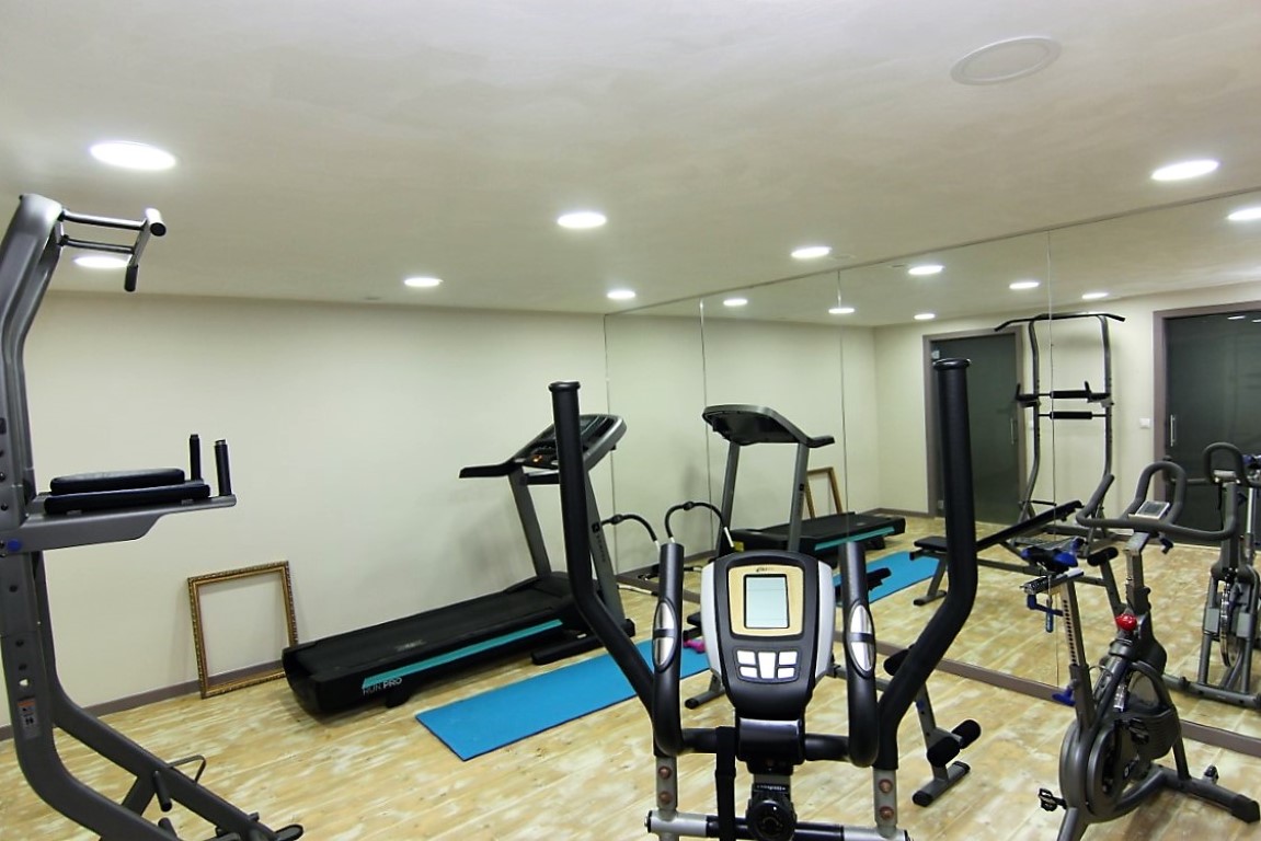 Gimnasio privado en el sótano con suelo de madera clara, espejos de pared completa y equipamiento de cardio y musculación bajo iluminación empotrada.