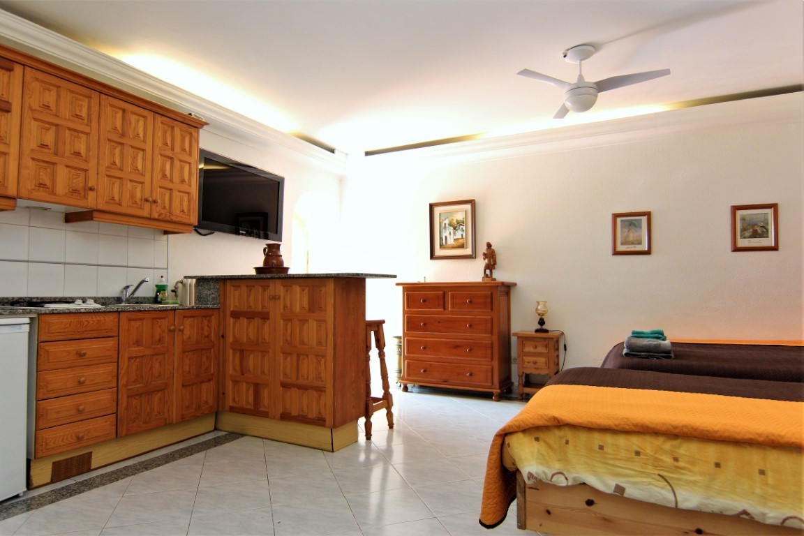 Estudio con cocina integrada de madera y encimera de granito, zona de dormitorio con ventilador de techo y suelos cerámicos. Dispone de iluminación indirecta y mobiliario clásico.