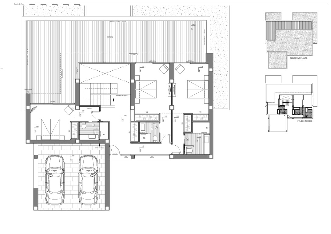 Plano detallado de la planta alta con tres dormitorios en suite, armarios empotrados, zona de parking para dos vehículos y una extensa terraza con estructura de sombreado.