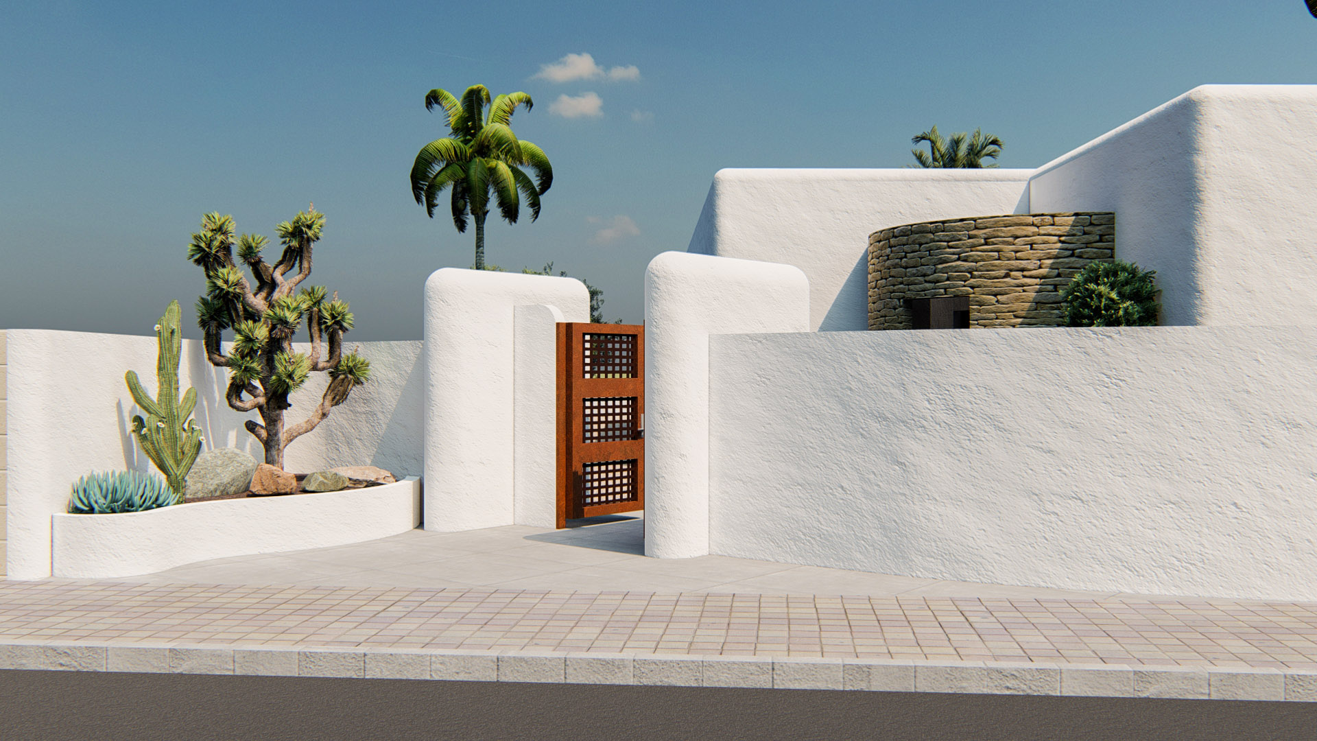 Fachada exterior de estilo ibicenco con muros blancos redondeados, portón de madera y piedra natural, complementada con un jardín mediterráneo de cactus y palmeras.