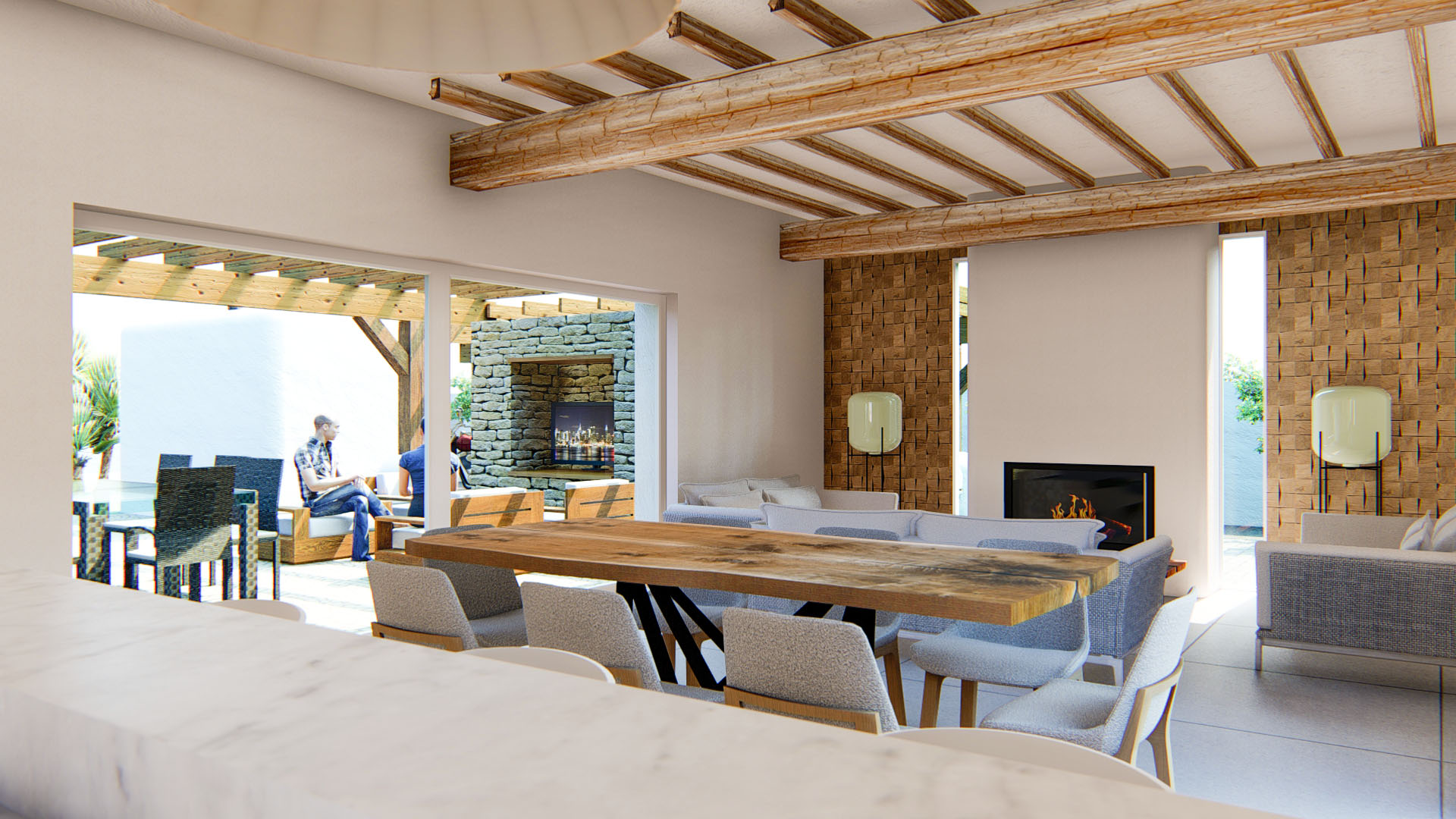 Salón-comedor de concepto abierto con vigas de madera vista, chimenea integrada y paneles texturizados. Los ventanales conectan el interior con la terraza y pérgola exterior.