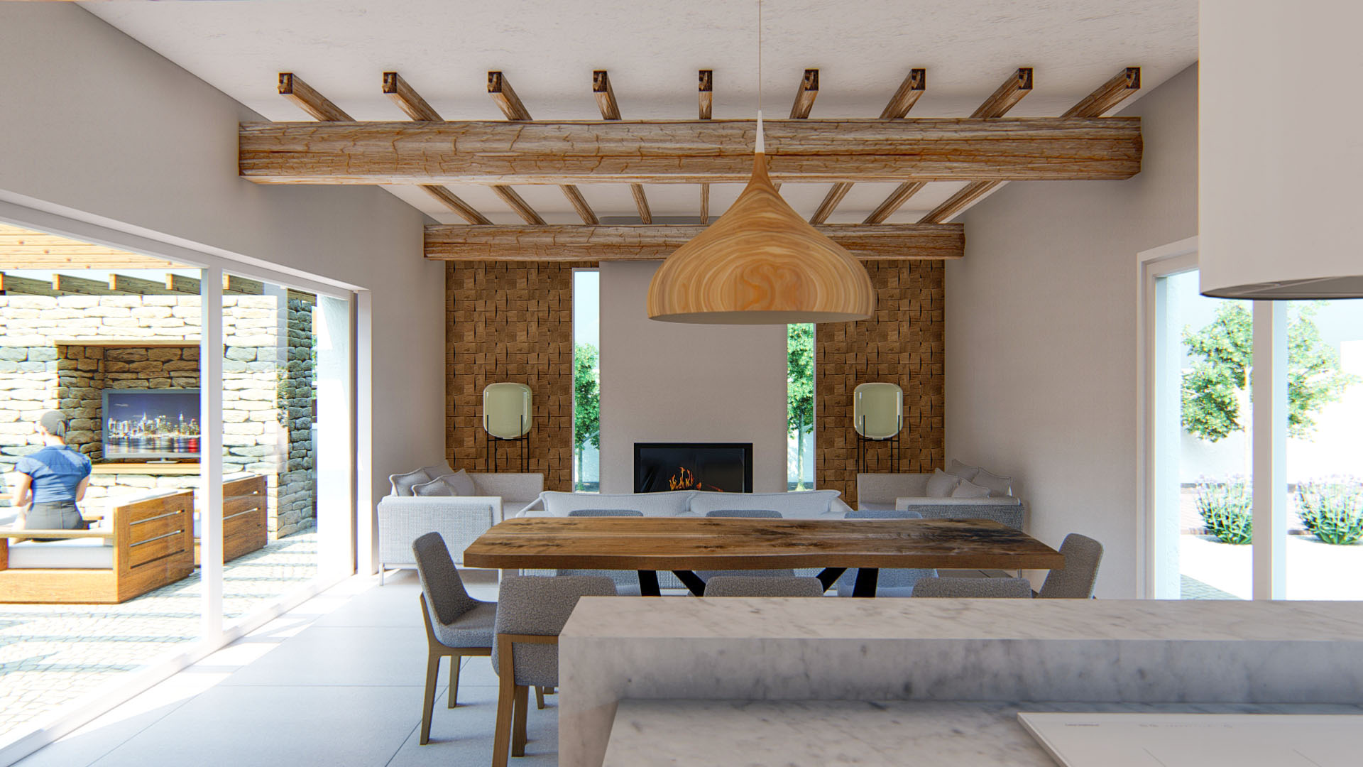 Salón-comedor diáfano con vigas de madera vistas, chimenea integrada y paneles de pared texturizados. Grandes ventanales conectan el interior con la terraza y su muro de piedra.
