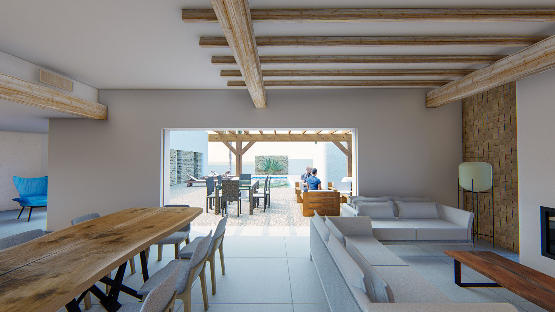 Salón-comedor diáfano con vigas de madera vistas y gran ventanal escamoteable que conecta el interior con la terraza, la pérgola y la piscina.