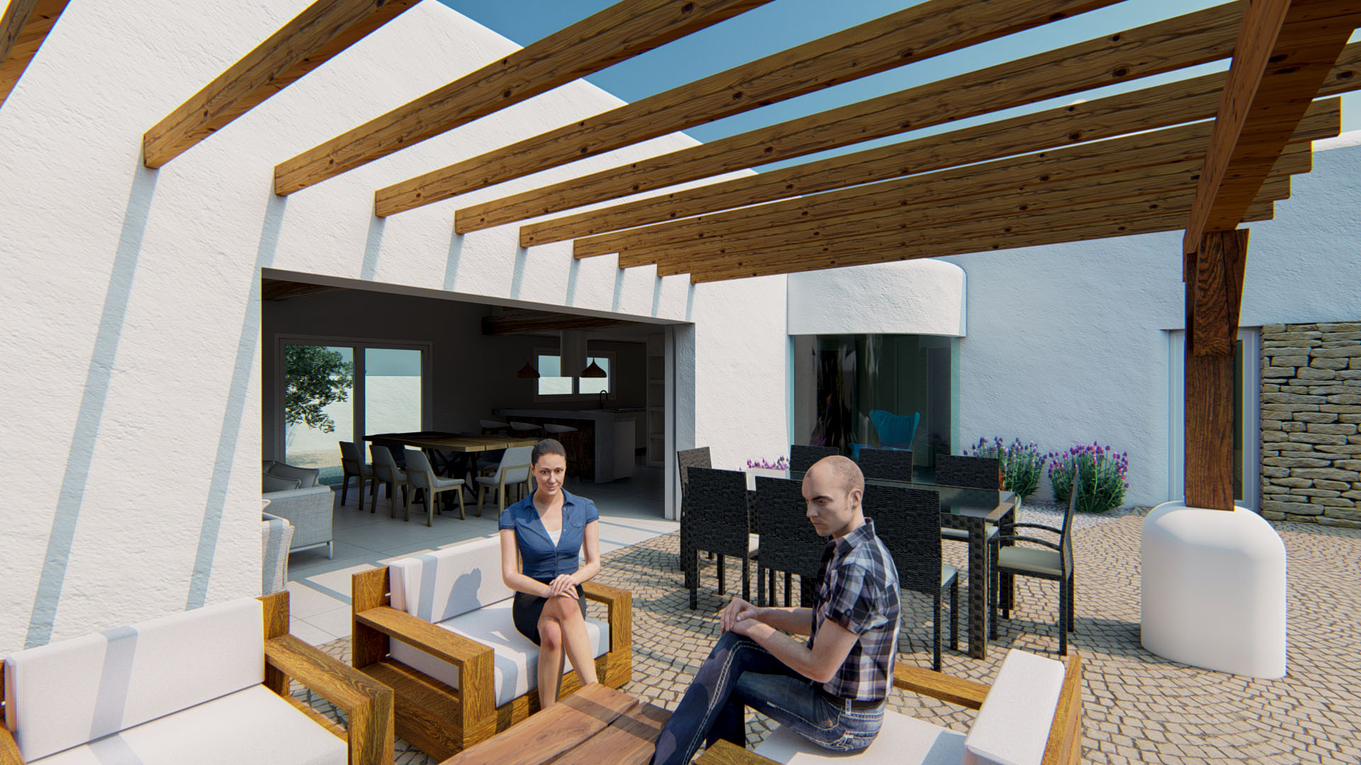 Terraza exterior con pérgola de vigas de madera, zona de estar con mobiliario de madera y comedor al aire libre integrado con el salón mediante grandes ventanales.