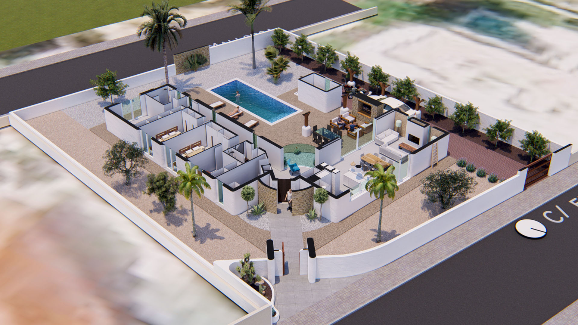 Vista aérea 3D que muestra la distribución integral de la villa, incluyendo la zona de piscina, el jardín mediterráneo y el diseño interior de tres dormitorios.