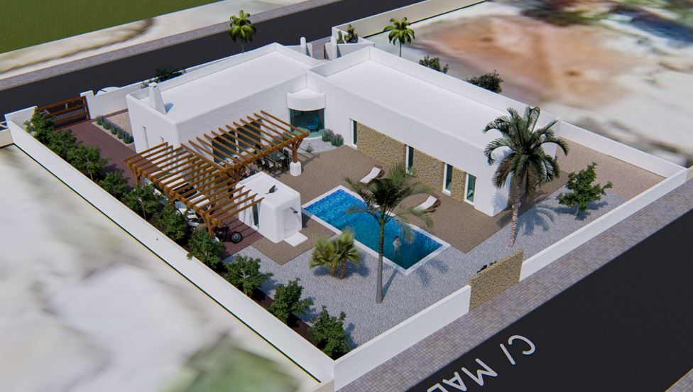 Vista aérea de la villa de estilo ibicenco con fachada blanca, detalles en piedra, piscina rectangular y pérgolas de madera en una parcela privada vallada.