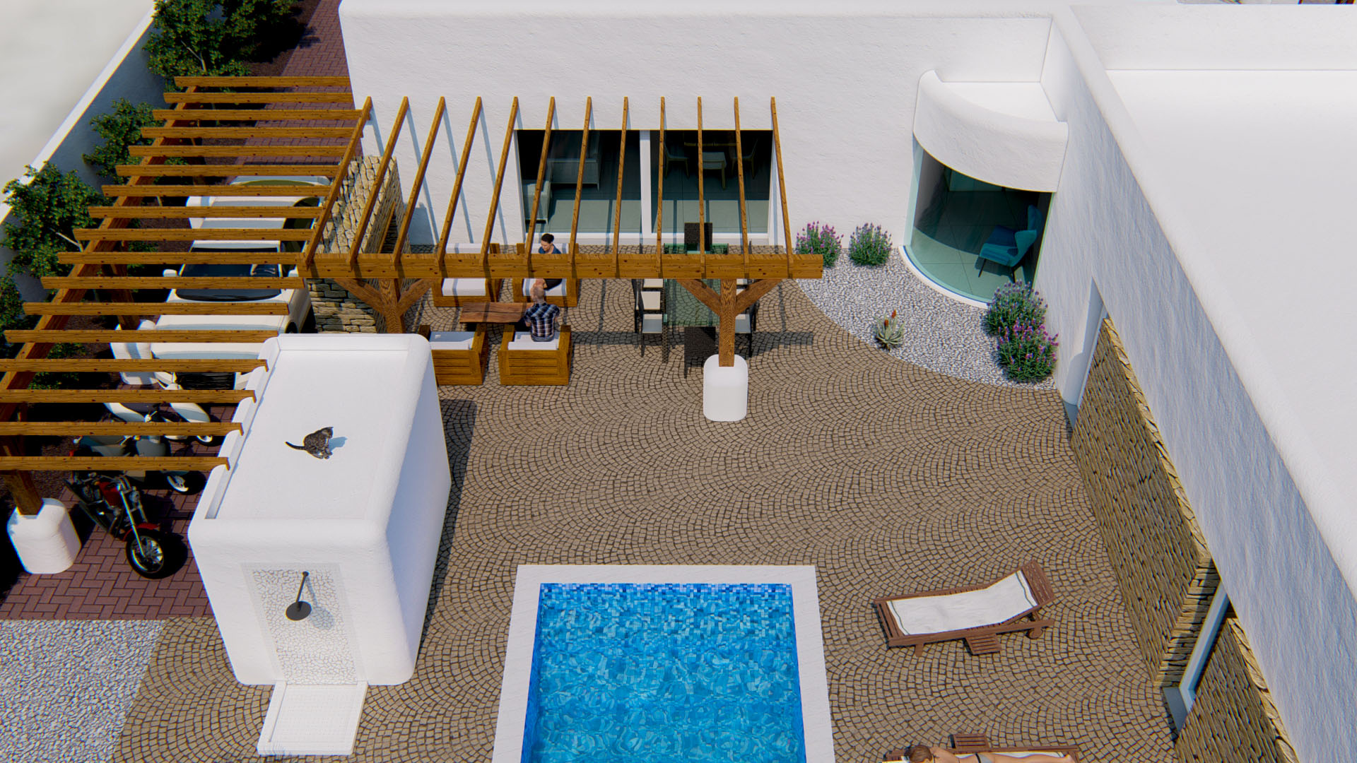 Vista aérea del patio con suelo de adoquines, piscina de mosaico azul, zona de estar bajo pérgola de madera y aparcamiento techado para varios vehículos.
