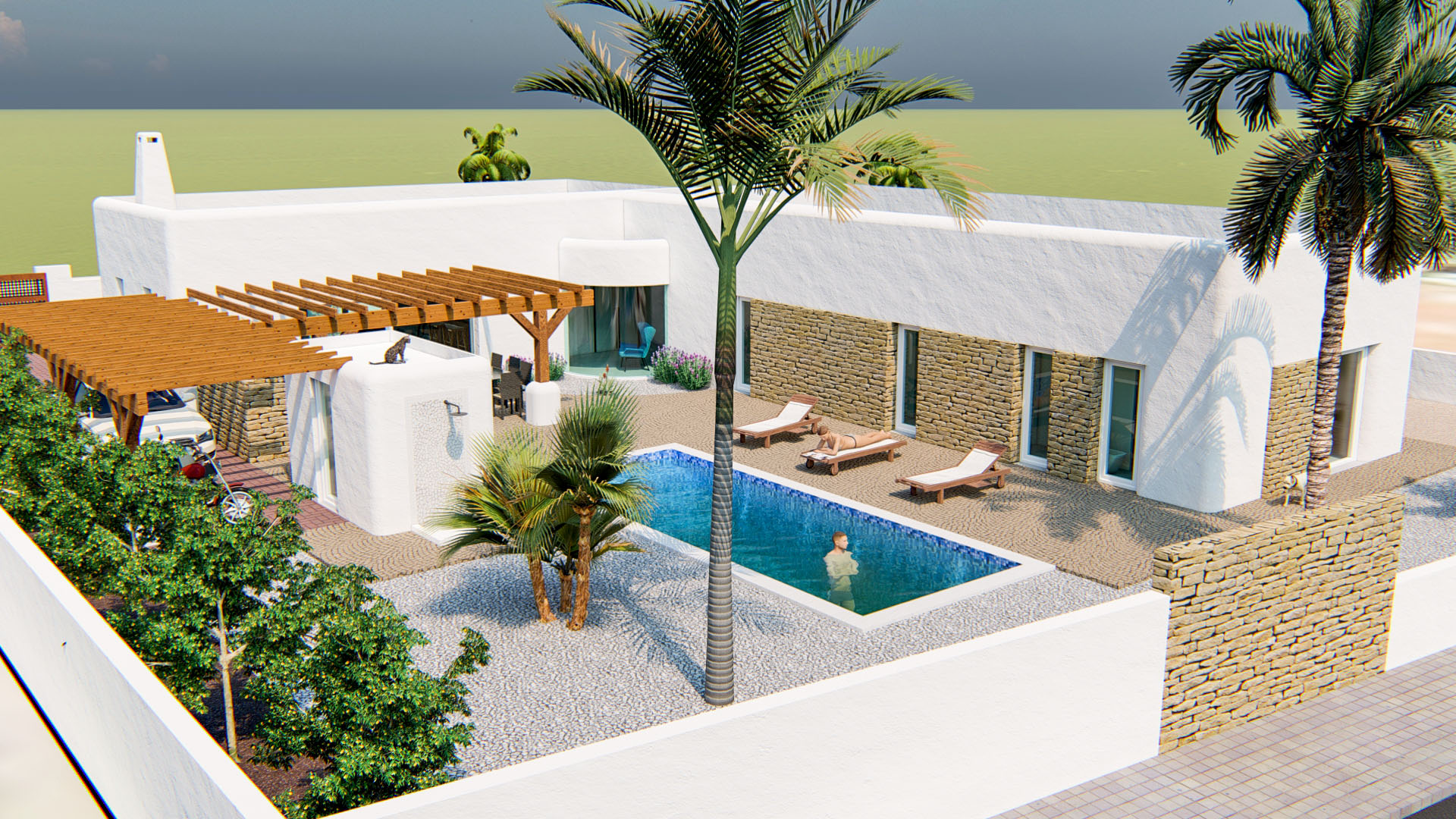 Vista exterior de la villa con piscina rectangular, terraza de piedra y pérgola de madera. La fachada blanca integra muros de piedra natural y vegetación mediterránea.