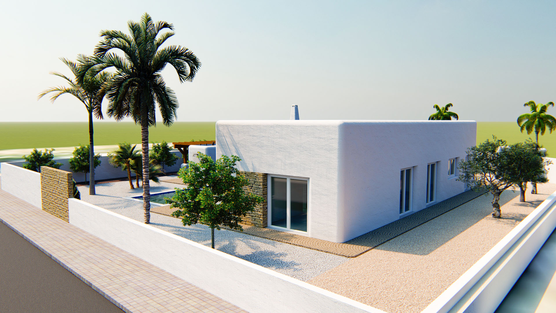 Vista exterior de la villa de estilo ibicenco con fachada blanca texturizada, detalles en piedra natural y jardín mediterráneo con palmeras y olivos.