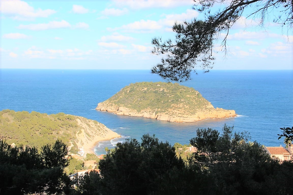 Vista panorámica desde la parcela hacia la Isla del Portichol y el mar Mediterráneo, enmarcada por pinos autóctonos y la costa de Jávea.