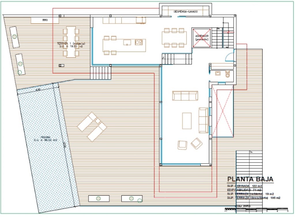 Plano detallado de la planta principal que muestra el salón-comedor, cocina con isla y una extensa terraza con piscina y zona de barbacoa exterior.