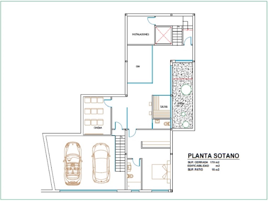 Plano técnico de la planta sótano que muestra la distribución del garaje doble, cine, gimnasio, sauna y un dormitorio con baño en suite.