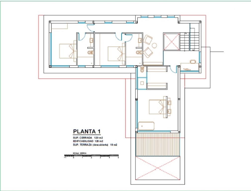 Plano técnico de la primera planta que muestra la distribución de tres dormitorios con baños en suite, zona de estudio y acceso a la terraza superior.