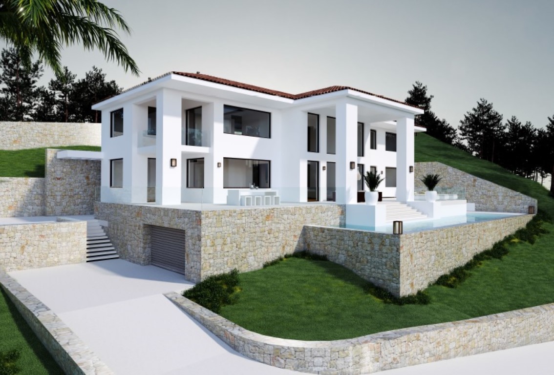 Vista exterior de la villa moderna con fachada blanca, muros de piedra natural, piscina infinita y terrazas con barandillas de cristal integradas en el paisaje.