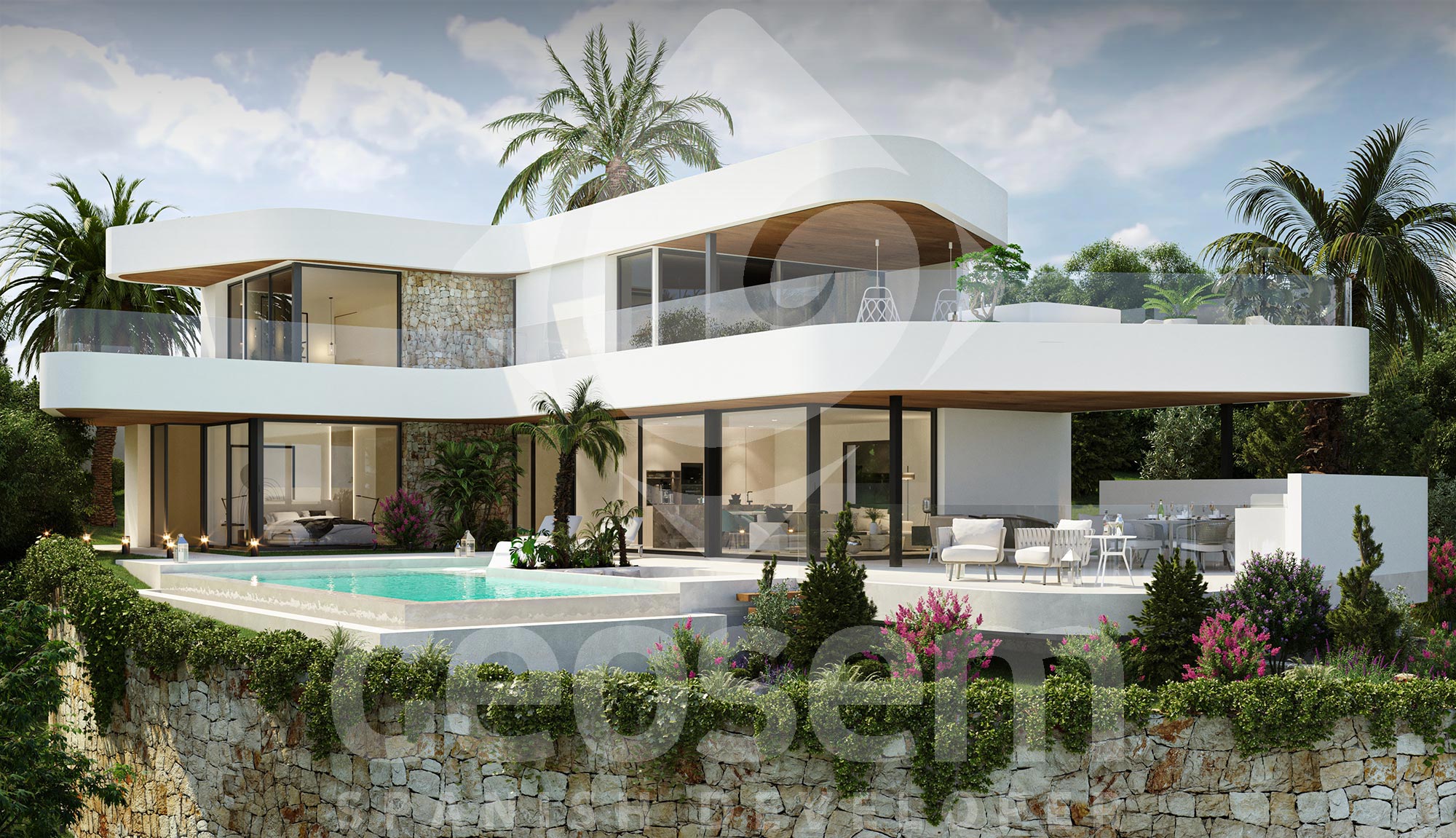 Chalet moderno de arquitectura curva con fachada de piedra natural, piscina infinita y amplias terrazas con techos de madera y barandillas de cristal.