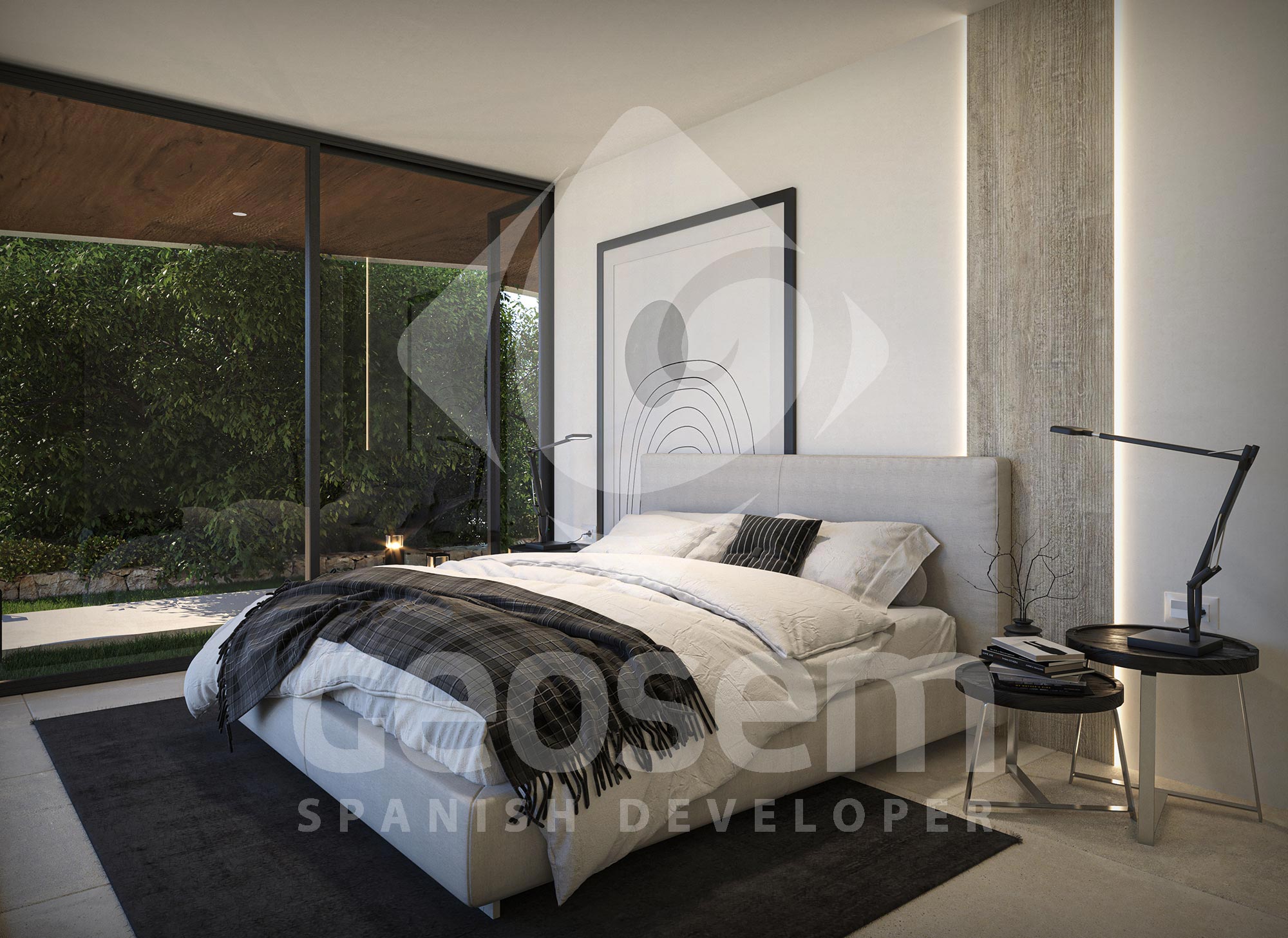 Dormitorio moderno con grandes ventanales de suelo a techo, acceso directo a la terraza y una pared decorativa con iluminación LED integrada.