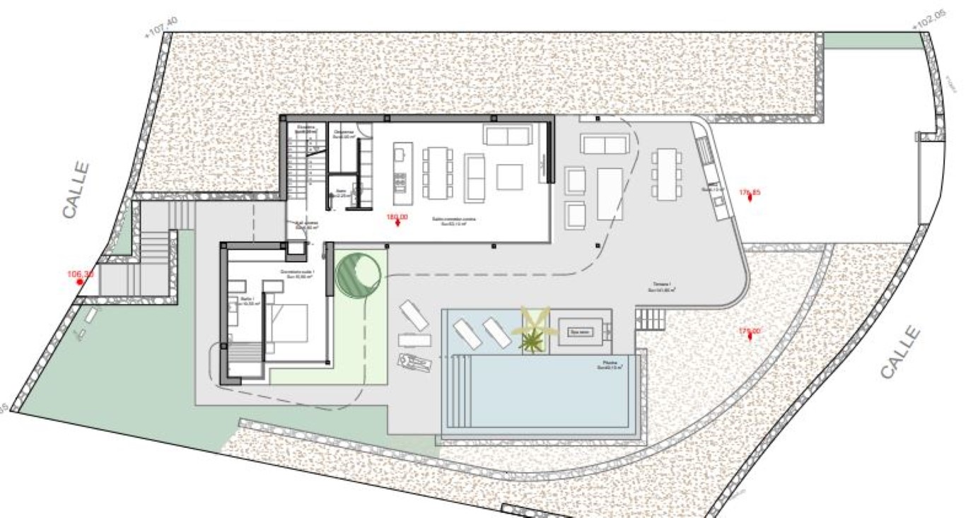 Plano detallado de la planta baja que muestra la distribución del salón-comedor-cocina, el dormitorio principal en suite y la amplia terraza con piscina infinita.